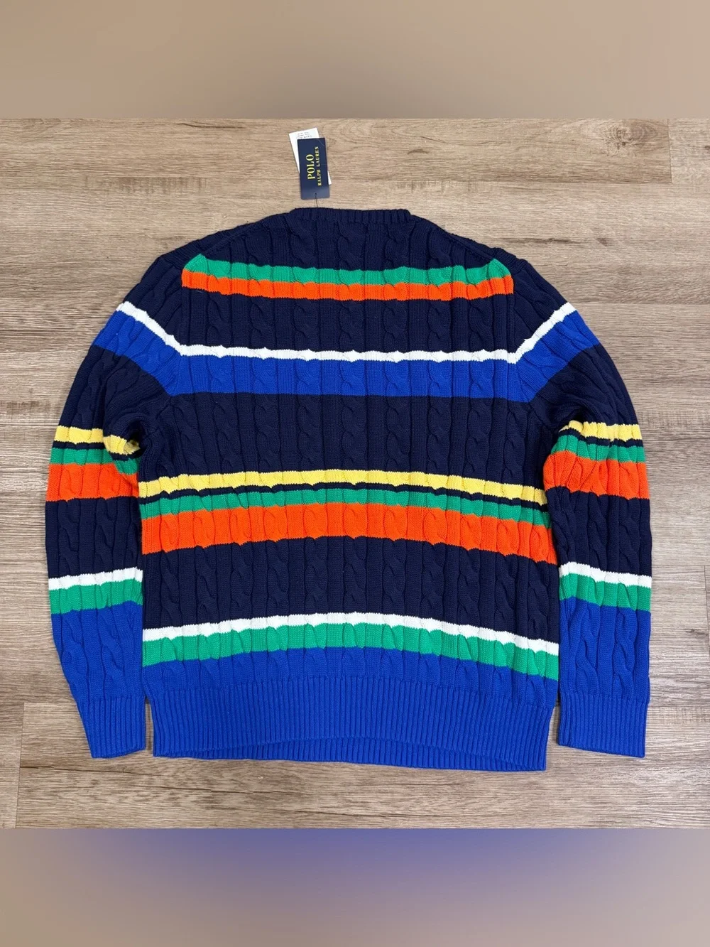 NWT Ralph Lauren Polo Men’s XL Multi Color Striped Cable Knit Cotton Sweater